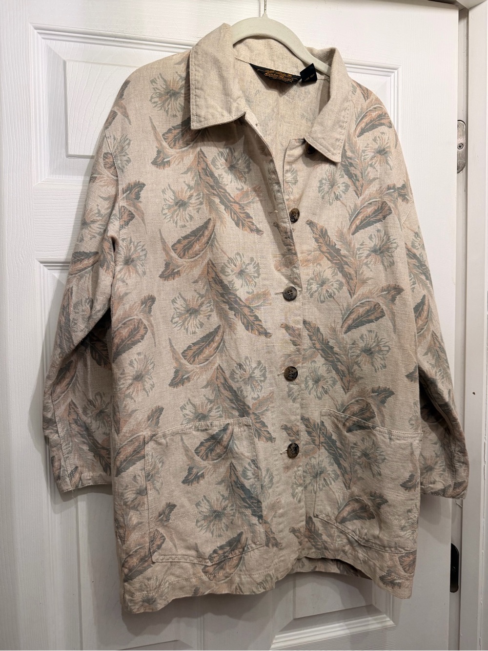 Vintage oversized linen Blend Bauer Beige Floral & Feather Button-Up Jacket